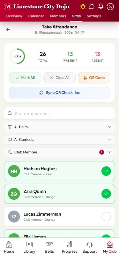 Martial Apps take-attendance screen with QR check-in, 26 total students, and belt-coloured roster